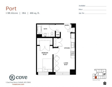 Floor plan for 1 bed, 1 bath, 466 sqft